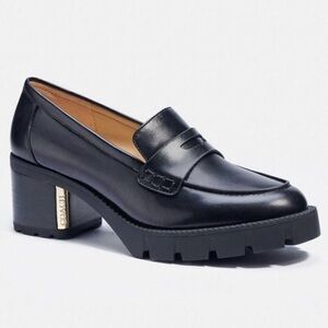 Coach Womens Cora Loafer Pump Size 8 Black Leather Chunky Heel Lug Sole Gold